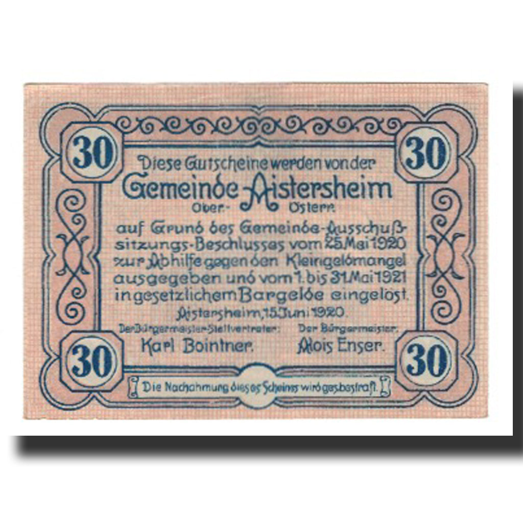 Banknote, Austria, Aistersheim, 30 Heller, texte 1, 1921, 1921-05-31, AU(55-58)
