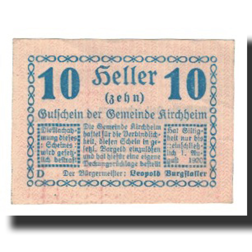 Banknote, Austria, Kirchheim, 10 Heller, Texte, 1920, 1920-08-01, AU(55-58)