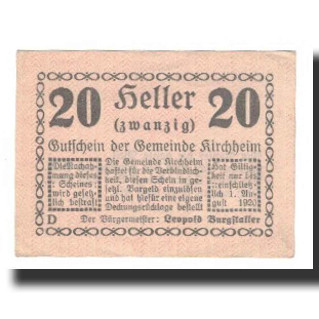 Banknote, Austria, Kirchheim, 20 Heller, texte 1, 1920, 1920-08-01, AU(55-58)