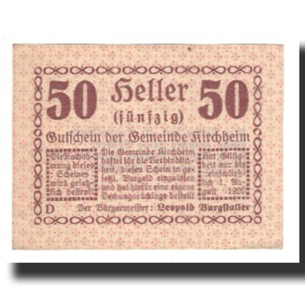 Banknote, Austria, Kirchheim, 50 Heller, Texte 2, 1920, 1920-08-01, AU(55-58)
