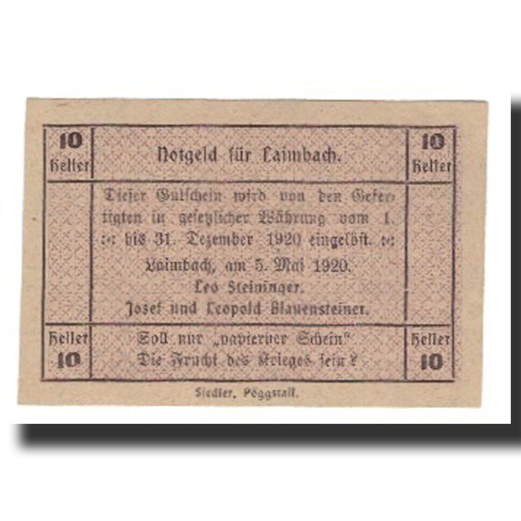 Banknote, Austria, Laimbach O.Ö. Prv. Leo Steininger Josef U. Leopold