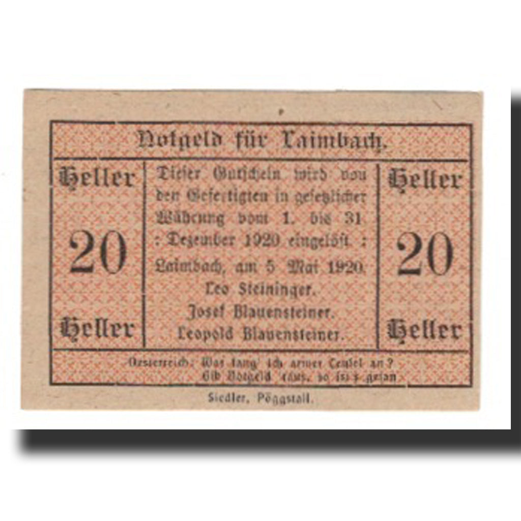 Banknote, Austria, Laimbach O.Ö. Prv. Leo Steininger Josef U. Leopold
