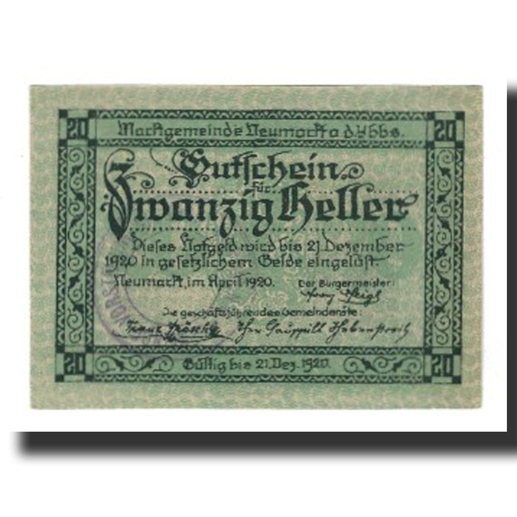 Banknote, Austria, Neumarkt an der Ybbs N.Ö. Marktgemeinde, 20 Heller, rue 1