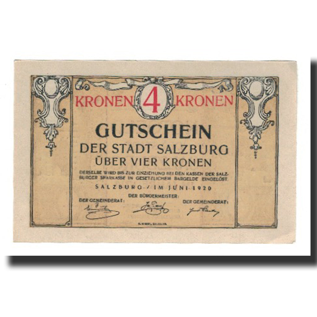 Nota, Áustria, Salzburg, 4 Kronen, Texte, 1920, AU(55-58), Mehl:FS 862II