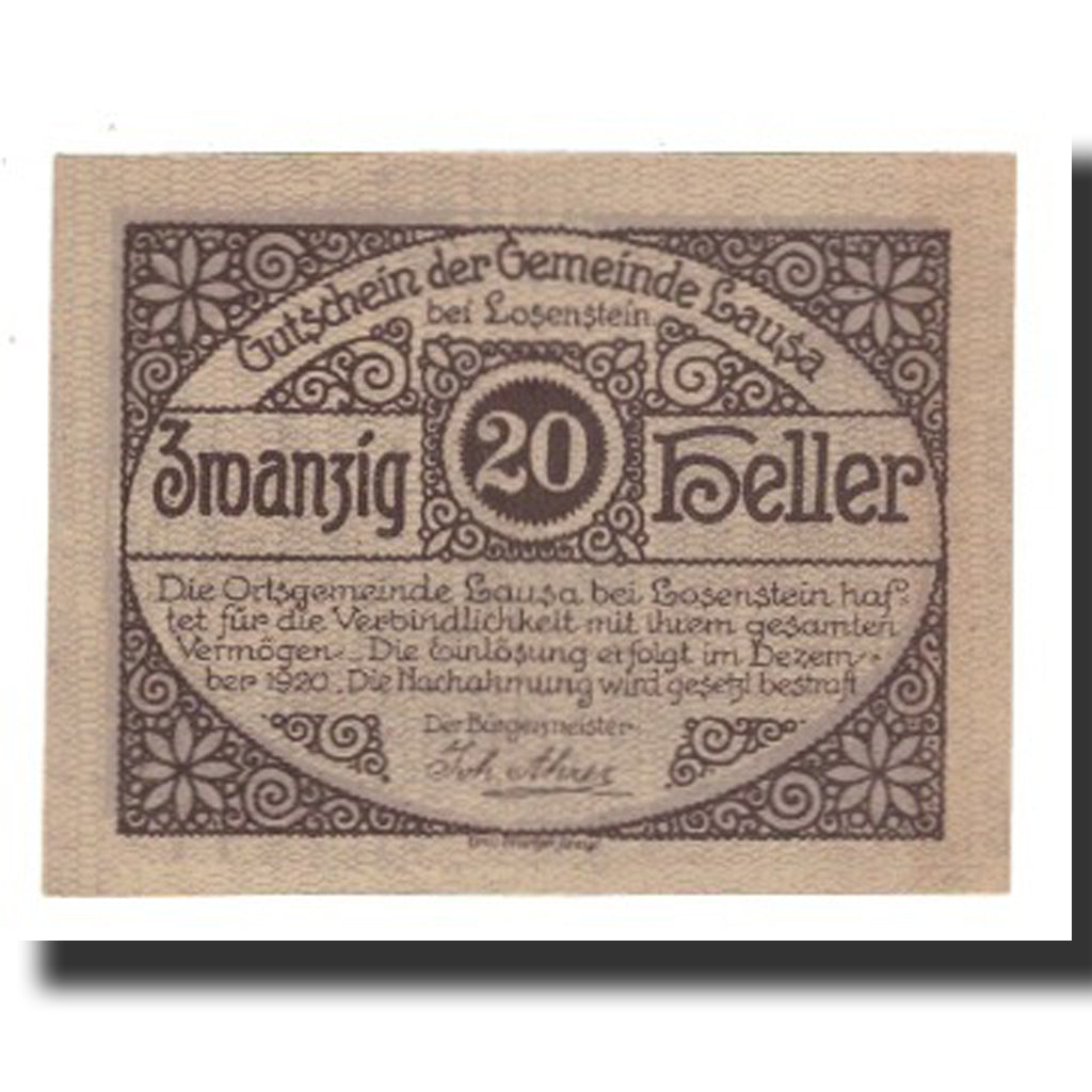 Banknote, Austria, Lausa bei Losenstein O.Ö. Ortsgemeinde, 20 Heller, Foret