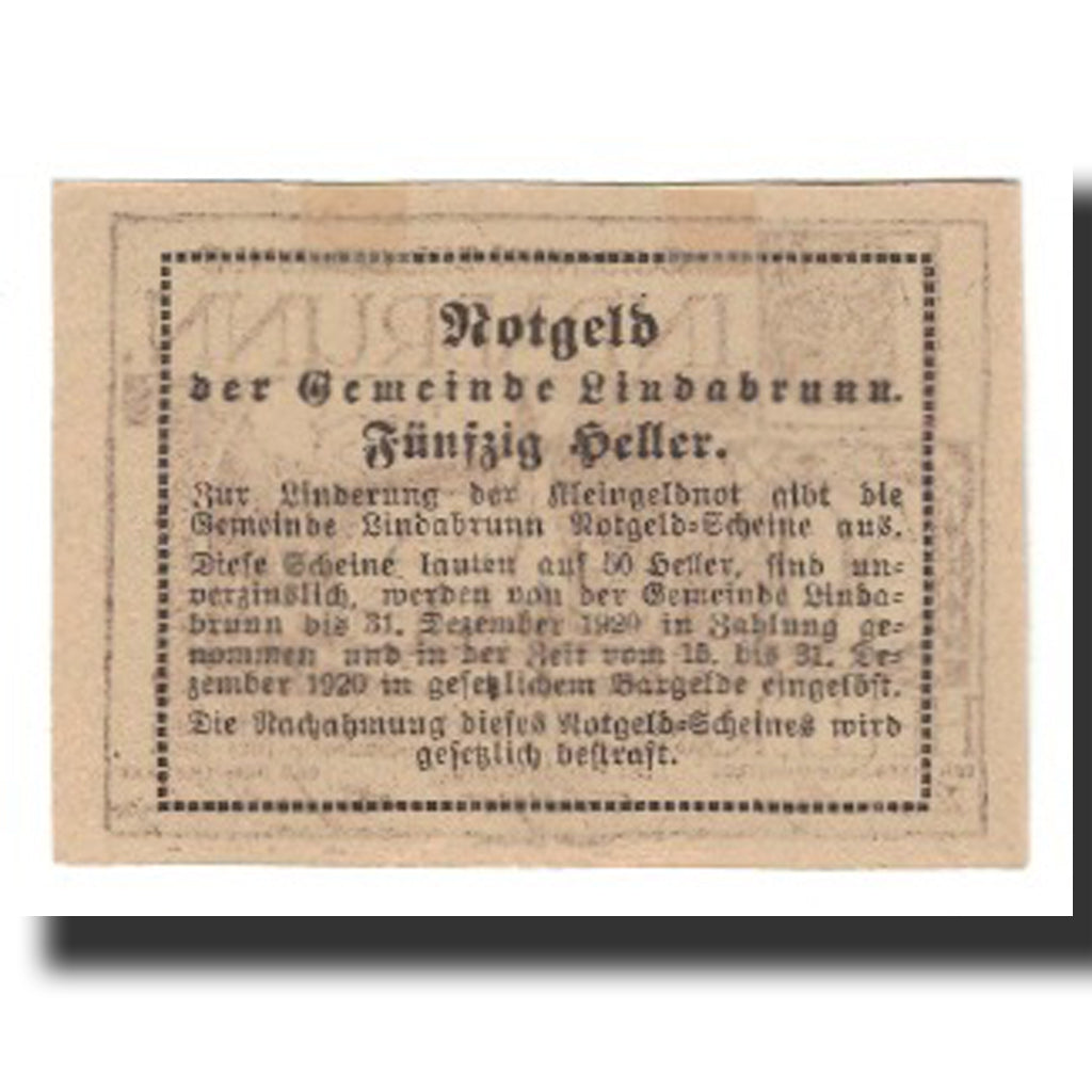 Biljet, Oostenrijk, Lindabrunn, 50 Heller, Texte, 1920, 1920-12-31, SUP, Mehl:FS