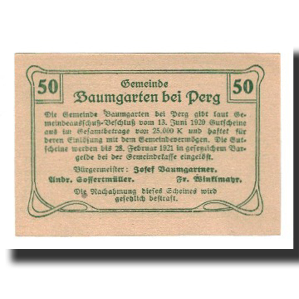 Nota, Áustria, Baumgarten, 50 Heller, Texte, 1921, 1921-02-28, UNC(65-70)
