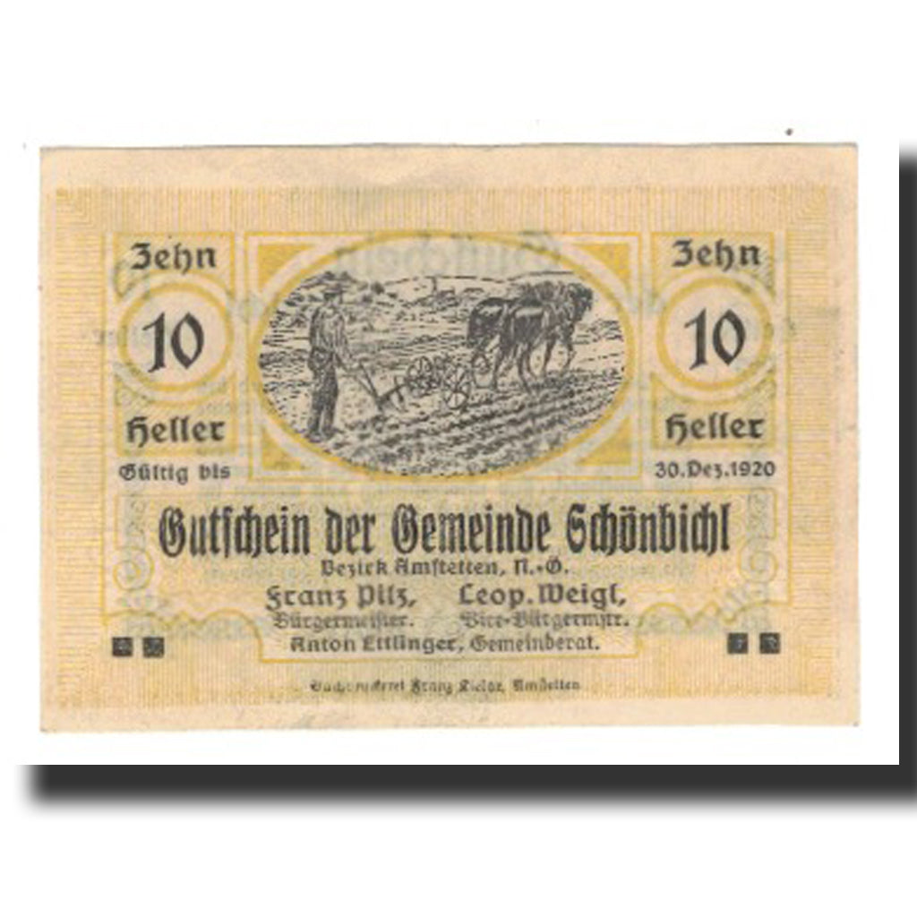 Banknote, Austria, Schönbichl N.Ö. Gemeinde, 10 Heller, texte 1, 1920