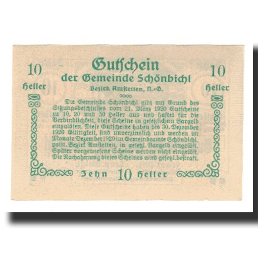 Banknote, Austria, Schönbichl N.Ö. Gemeinde, 10 Heller, Texte 2, 1920
