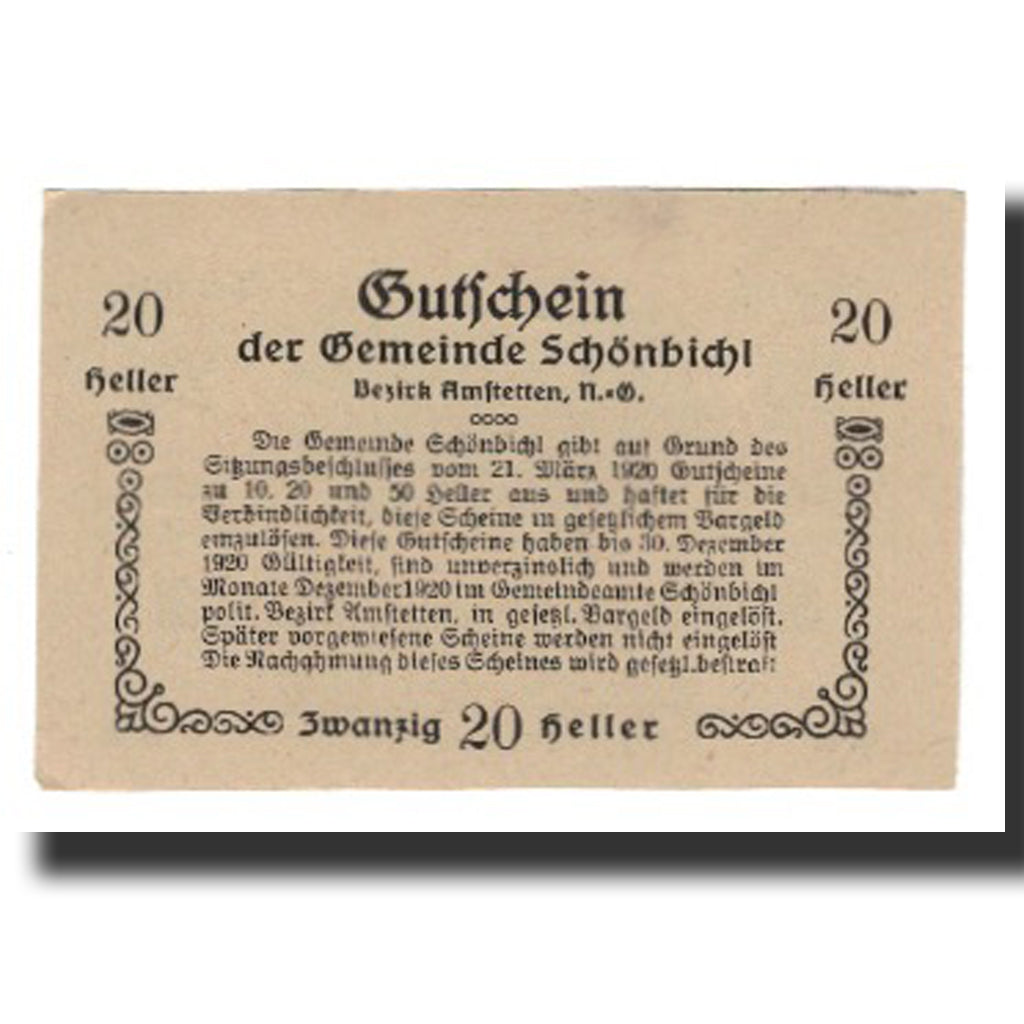 Banknote, Austria, Schönbichl N.Ö. Gemeinde, 20 Heller, Texte 3, 1920
