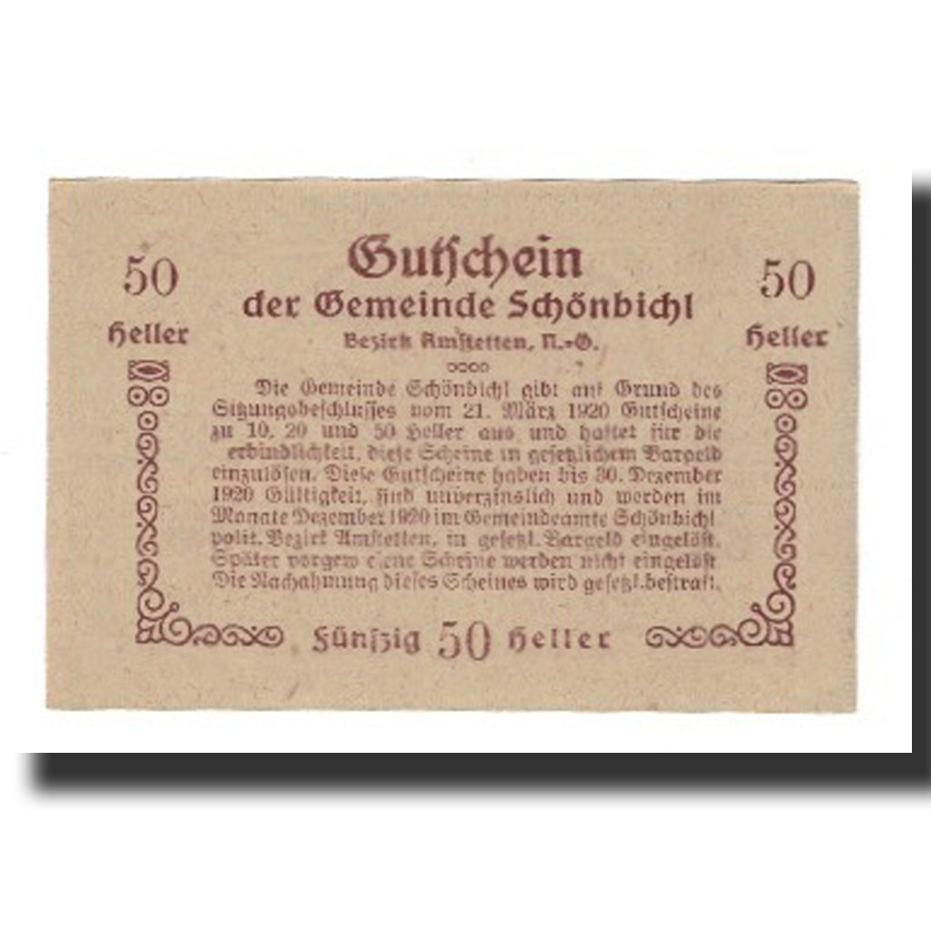 Banknote, Austria, Schönbichl N.Ö. Gemeinde, 50 Heller, Texte 6, 1920