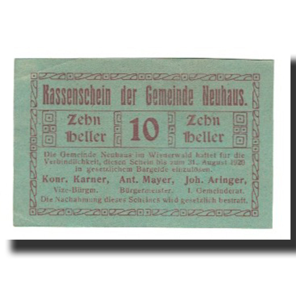 Biljet, Oostenrijk, Neuhaus N.Ö. Gemeinde, 10 Heller, N.D, 1920, 1920-08-31