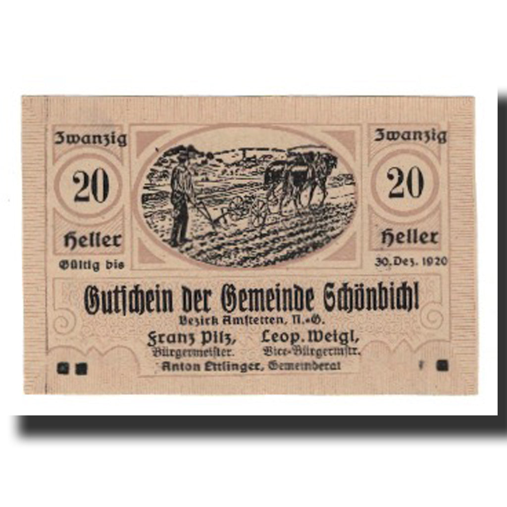 Banknot, Austria, Schönbichl N.Ö. Gemeinde, 20 Heller, Texte, 1920