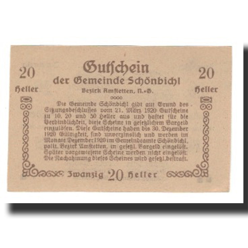 Banknot, Austria, Schönbichl N.Ö. Gemeinde, 20 Heller, Texte, 1920