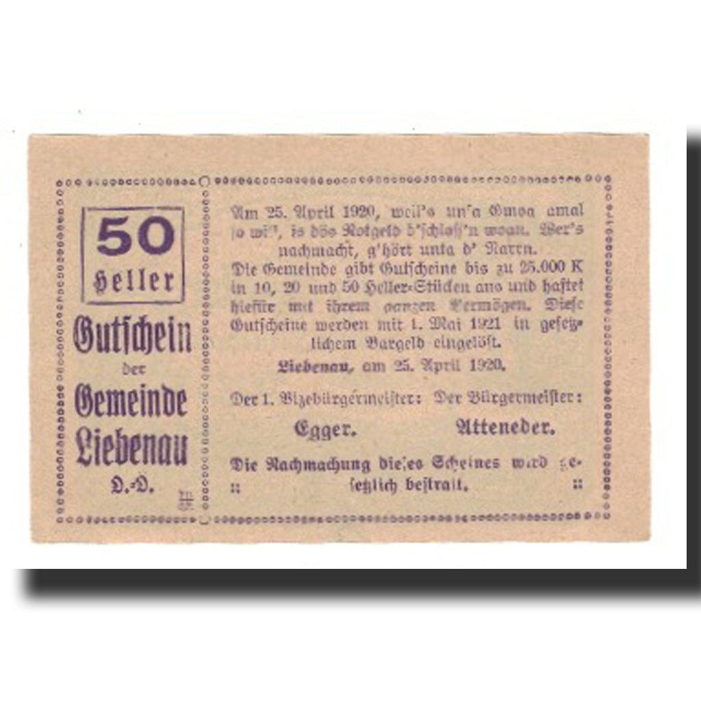 Banknote, Austria, Liebenau, 50 Heller, Texte, 1921, 1921-05-01, AU(55-58)