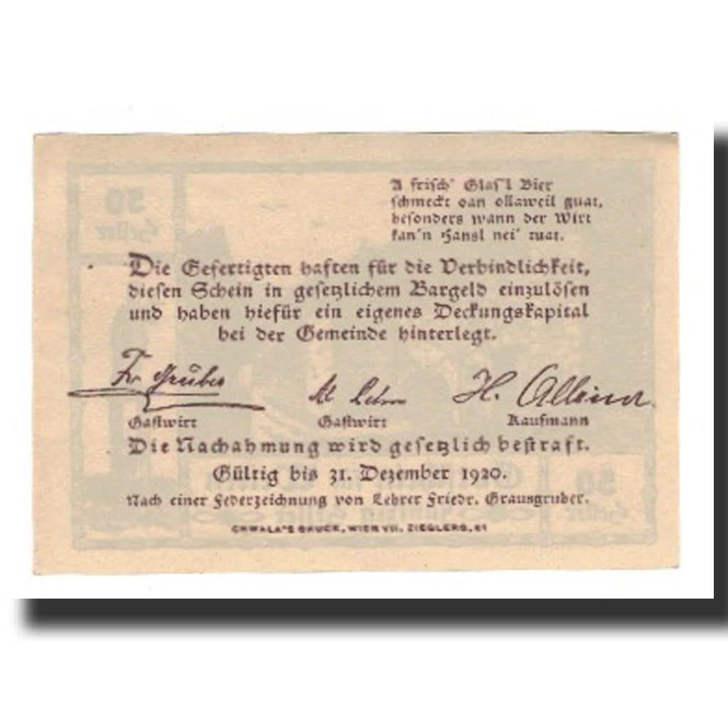 Banknote, Austria, Weiten N.Ö. Prv. Fr. Gruber, Gastwirt, Al. Lehner, Gastwirt