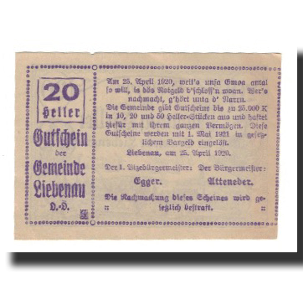 Banknot, Austria, Liebenau, 20 Heller, Texte, 1921, 1921-05-01, AU(55-58)
