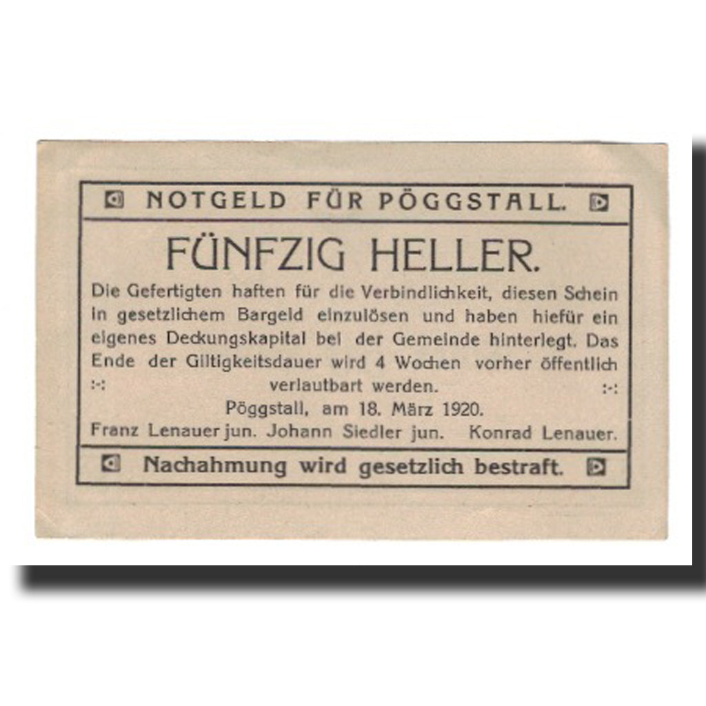Biljet, Oostenrijk, Pöggstall, 50 Heller, Texte, 1920, 1920-03-18, SUP, Mehl:FS