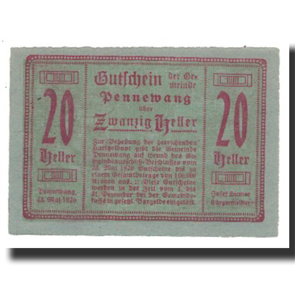 Banknot, Austria, Pennewang, 20 Heller, Texte, 1920, 1920-12-31, AU(55-58)