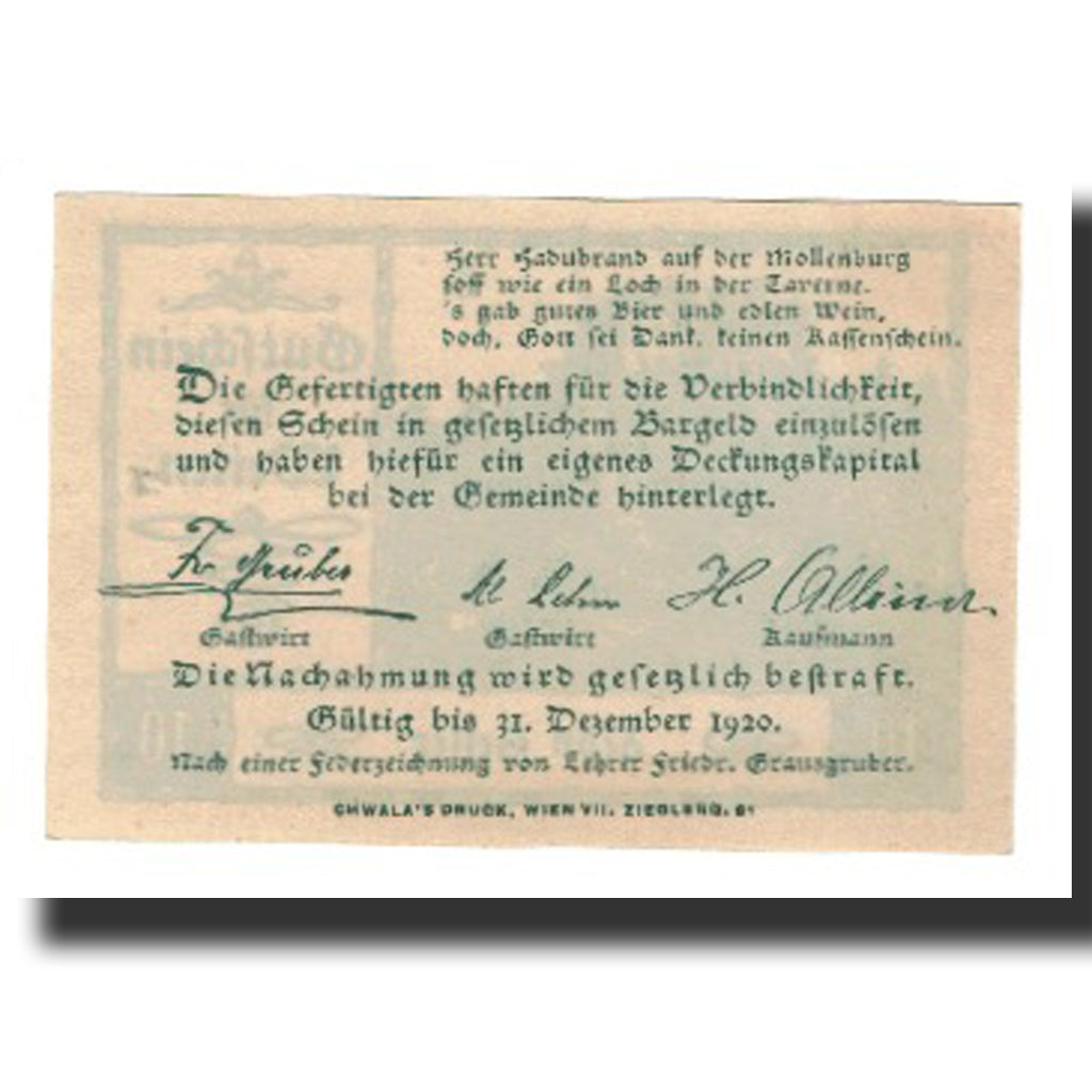 Banknote, Austria, Weiten N.Ö. Prv. Fr. Gruber, Gastwirt, Al. Lehner, Gastwirt