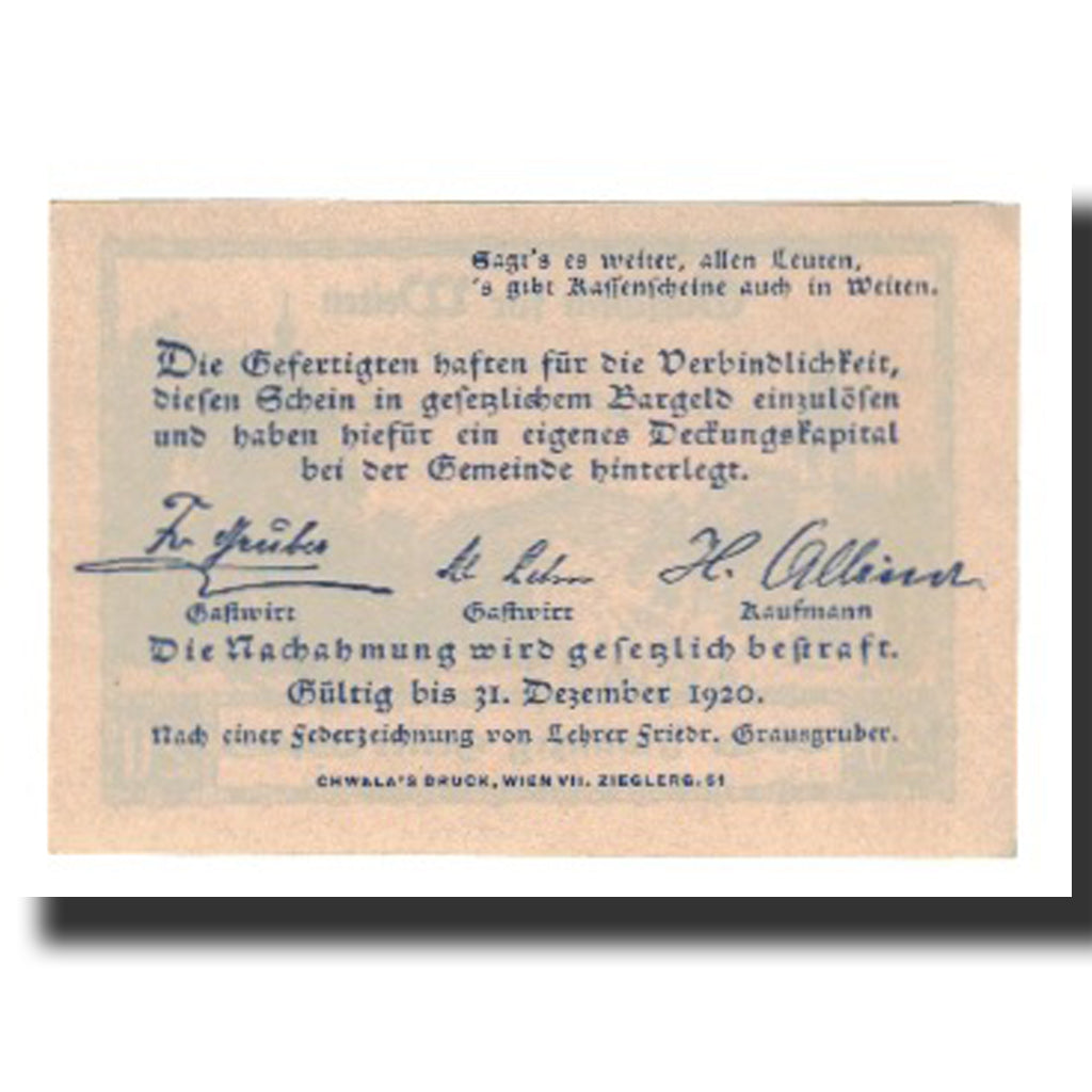 Banknote, Austria, Weiten N.Ö. Prv. Fr. Gruber, Gastwirt, Al. Lehner, Gastwirt