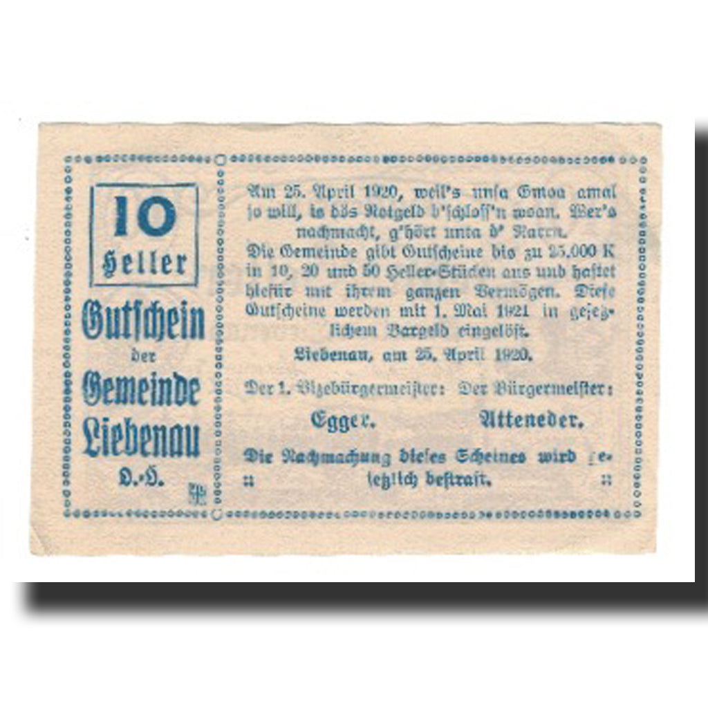 Banknote, Austria, Liebenau, 10 Heller, Texte, 1921, 1921-05-01, AU(55-58)