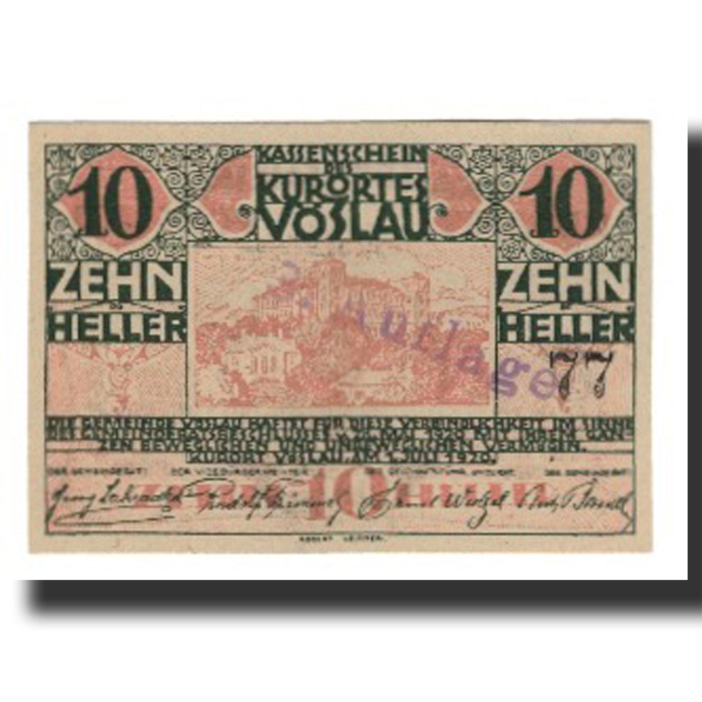 Billete, Austria, Vöslau N.Ö. Gemeinde, 10 Heller, Blason, 1920, 1920-12-31