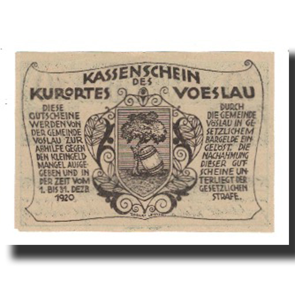Banknote, Austria, Vöslau N.Ö. Gemeinde, 10 Heller, Blason 2, 1920