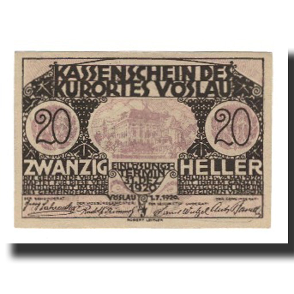 Billete, Austria, Vöslau N.Ö. Gemeinde, 20 Heller, Blason 3, 1920, 1920-12-31