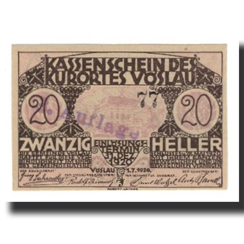 Nota, Áustria, Vöslau N.Ö. Gemeinde, 20 Heller, Blason 4, 1920, 1920-12-31