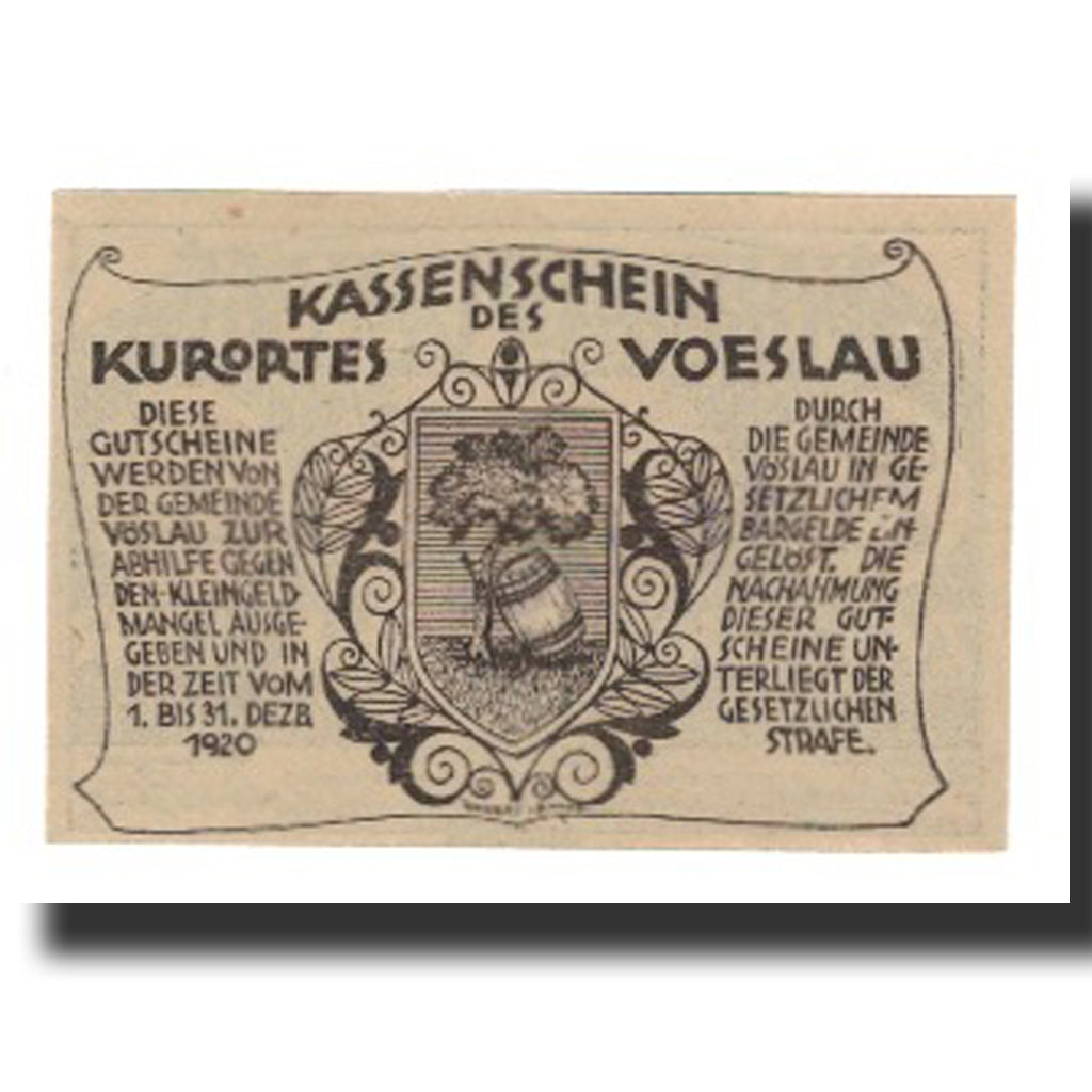 Nota, Áustria, Vöslau N.Ö. Gemeinde, 20 Heller, Blason 4, 1920, 1920-12-31
