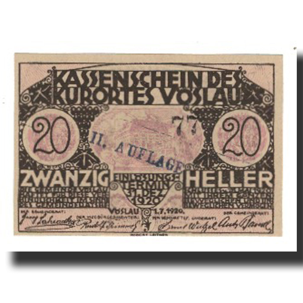 Banconote, Austria, Vöslau N.Ö. Gemeinde, 20 Heller, Blason 5, 1920