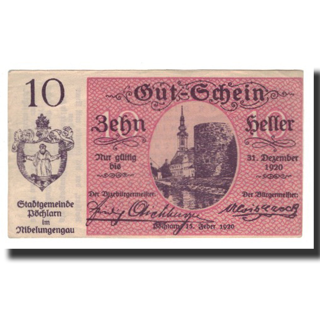 Biljet, Oostenrijk, Pöchlarn N.Ö. Stadtgemeinde, 10 Heller, Texte, 1920