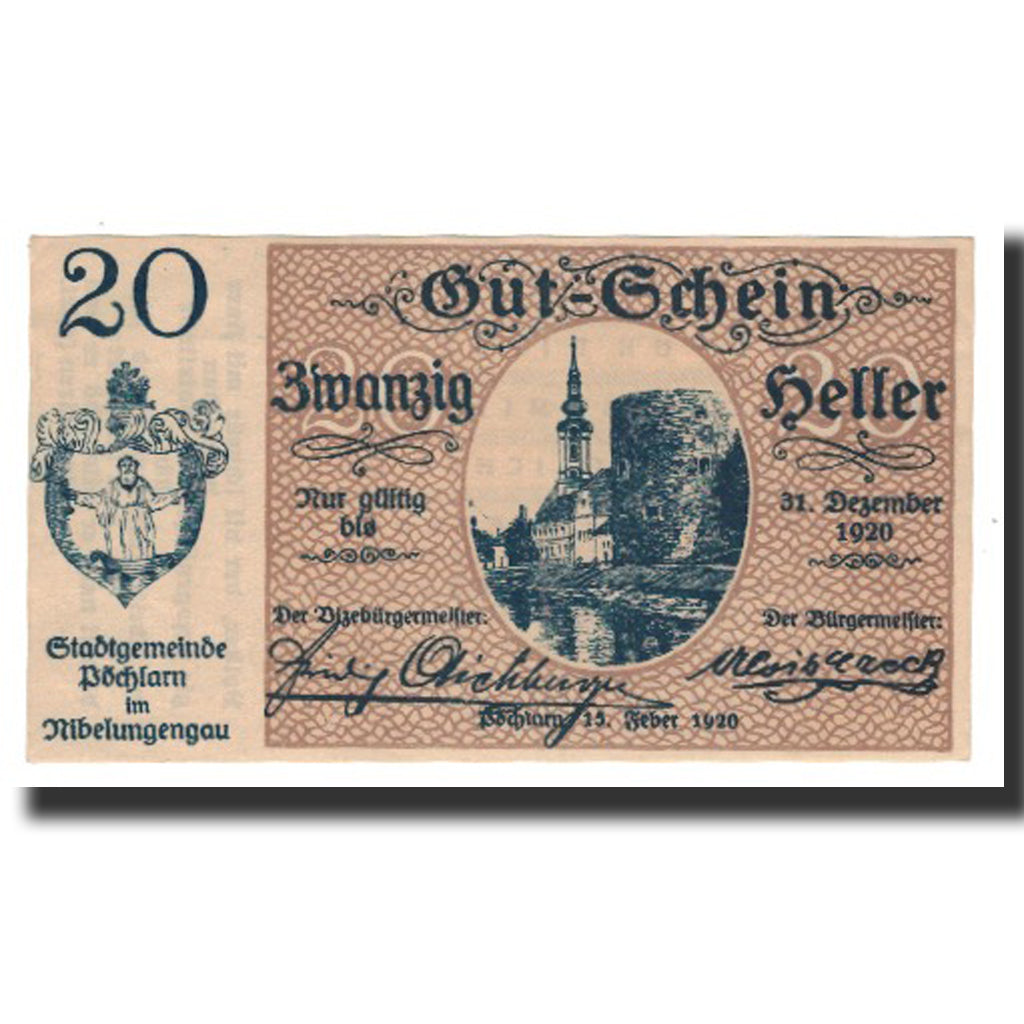 Billete, Austria, Pöchlarn N.Ö. Stadtgemeinde, 20 Heller, texte 1, 1920