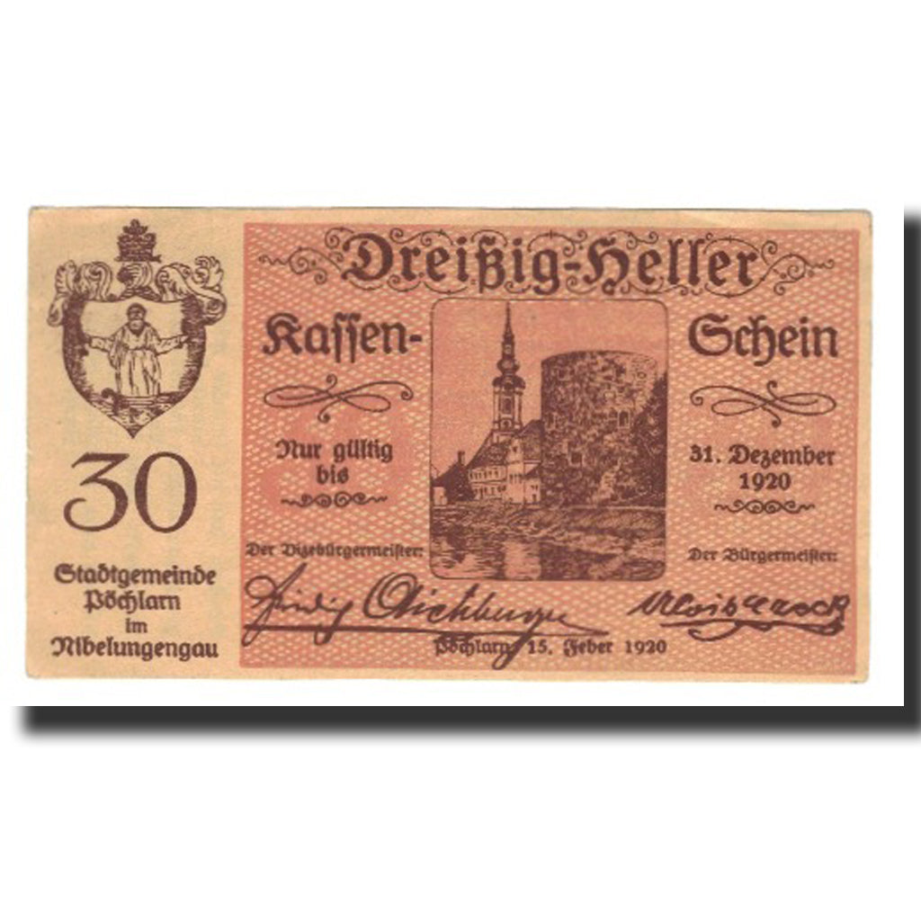 Billete, Austria, Pöchlarn N.Ö. Stadtgemeinde, 30 Heller, Texte 2, 1920