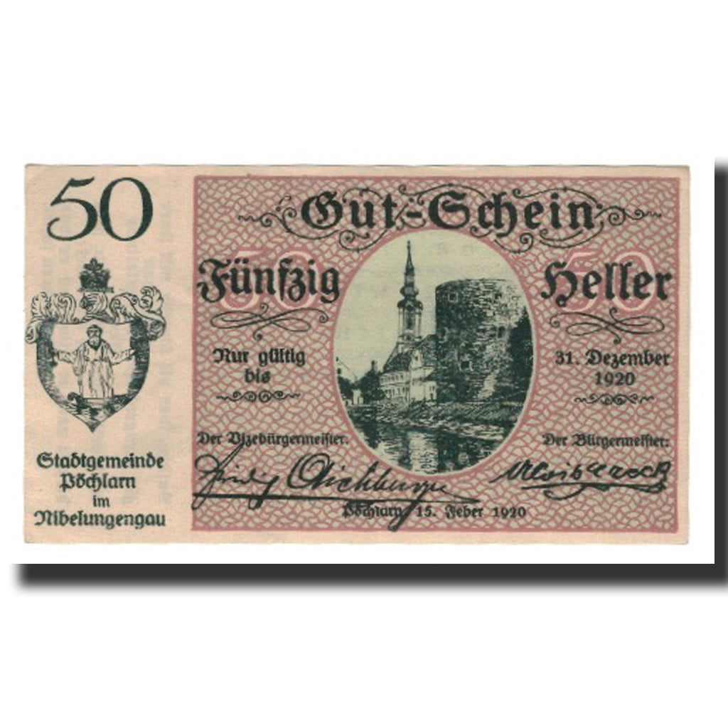 Billete, Austria, Pöchlarn N.Ö. Stadtgemeinde, 50 Heller, Texte 3, 1920
