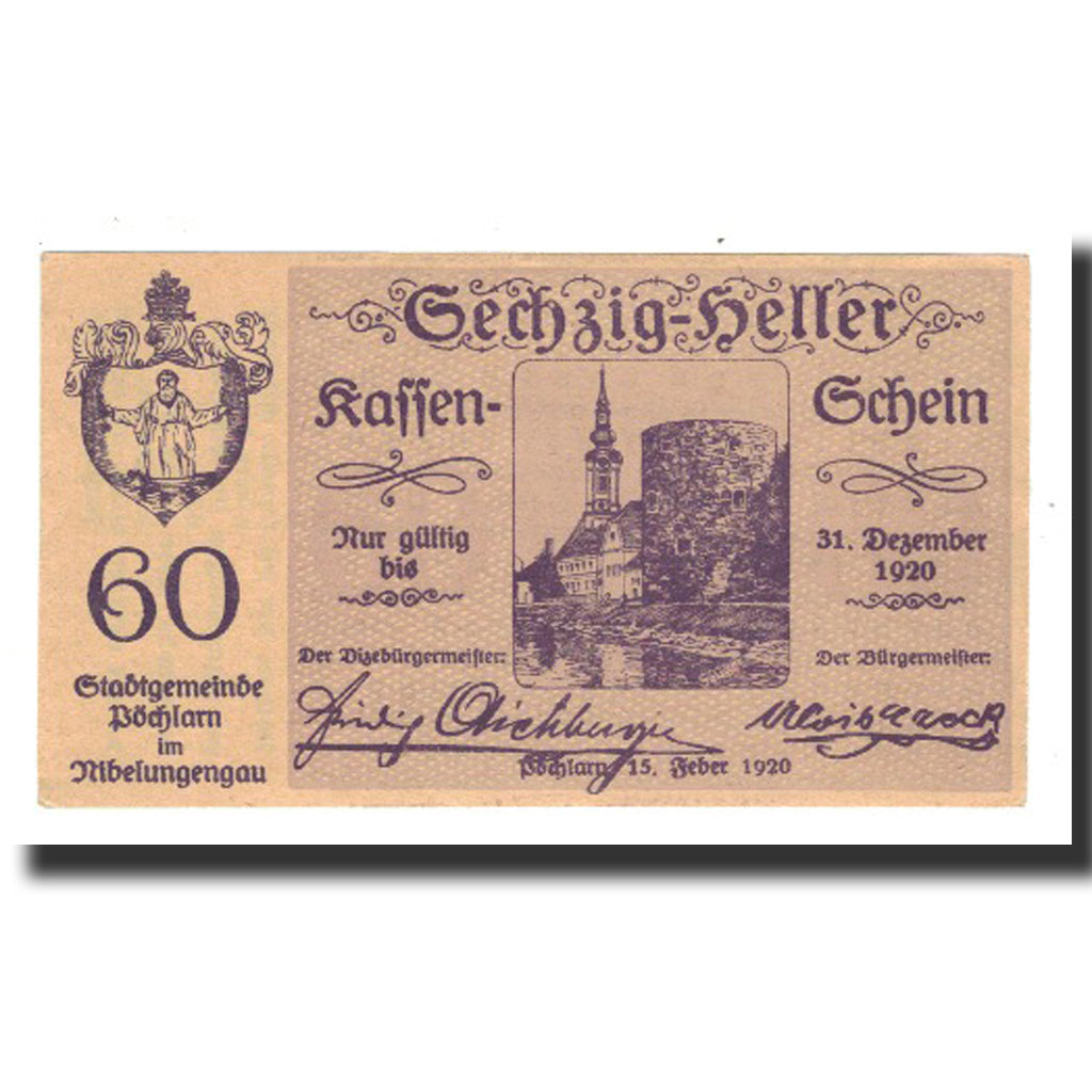 Billete, Austria, Pöchlarn N.Ö. Stadtgemeinde, 60 Heller, Texte 4, 1920