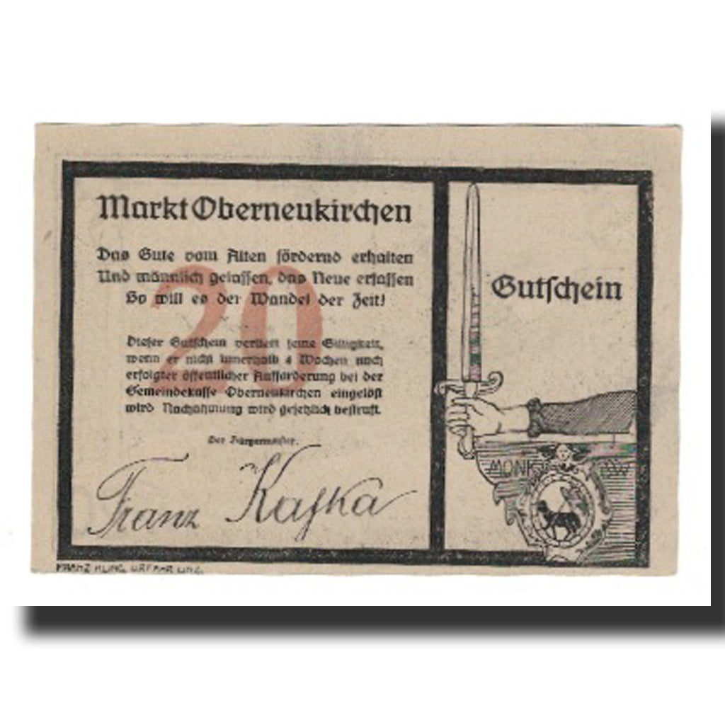 Nota, Áustria, Oberneukirchen O.Ö. Marktgemeinde, 20 Heller, place, AU(55-58)
