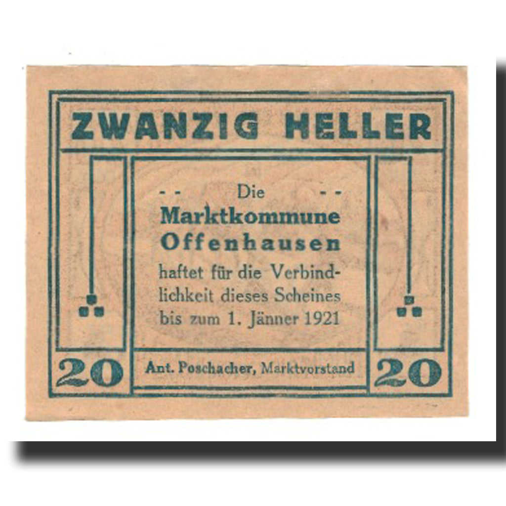 Biljet, Oostenrijk, Offenhausen O.Ö. Prv. Marktkommune, 20 Heller, Paysan 1