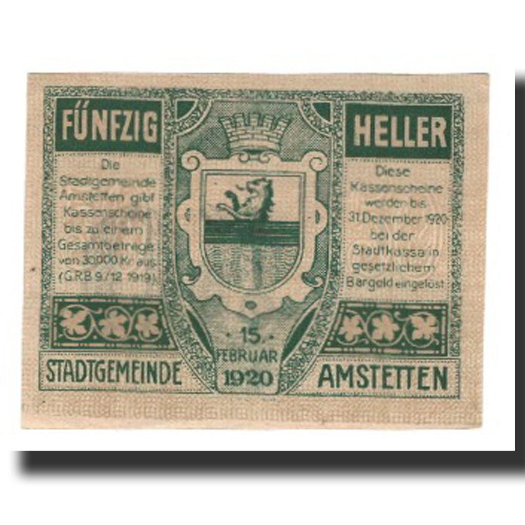 Billete, Austria, Amstetten, 50 Heller, Blason, 1920, 1920-12-31, EBC, Mehl:FS