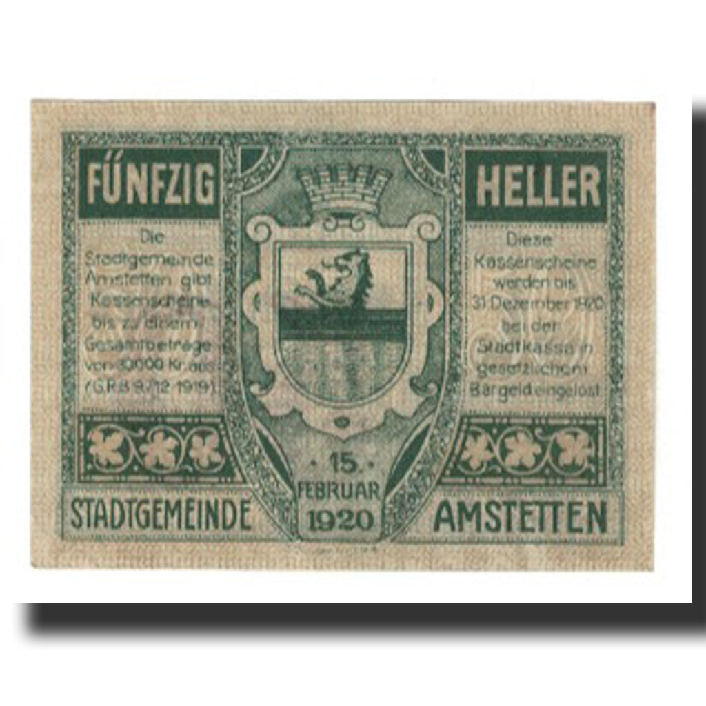 Banconote, Austria, Amstetten, 50 Heller, Blason 1, 1920, 1920-12-31, SPL-