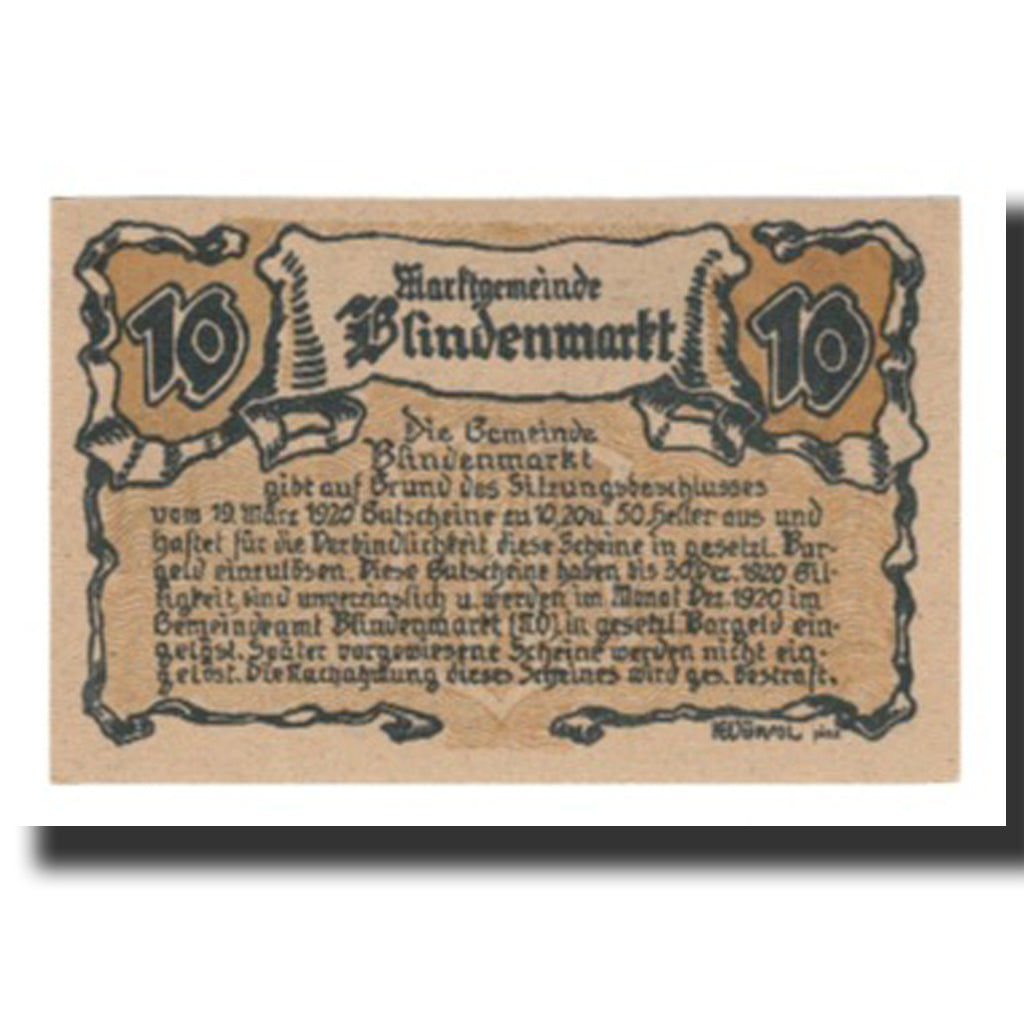 Banknot, Austria, Blindenmarkt, 10 Heller, Texte, 1920, 1920-09-30, AU(55-58)