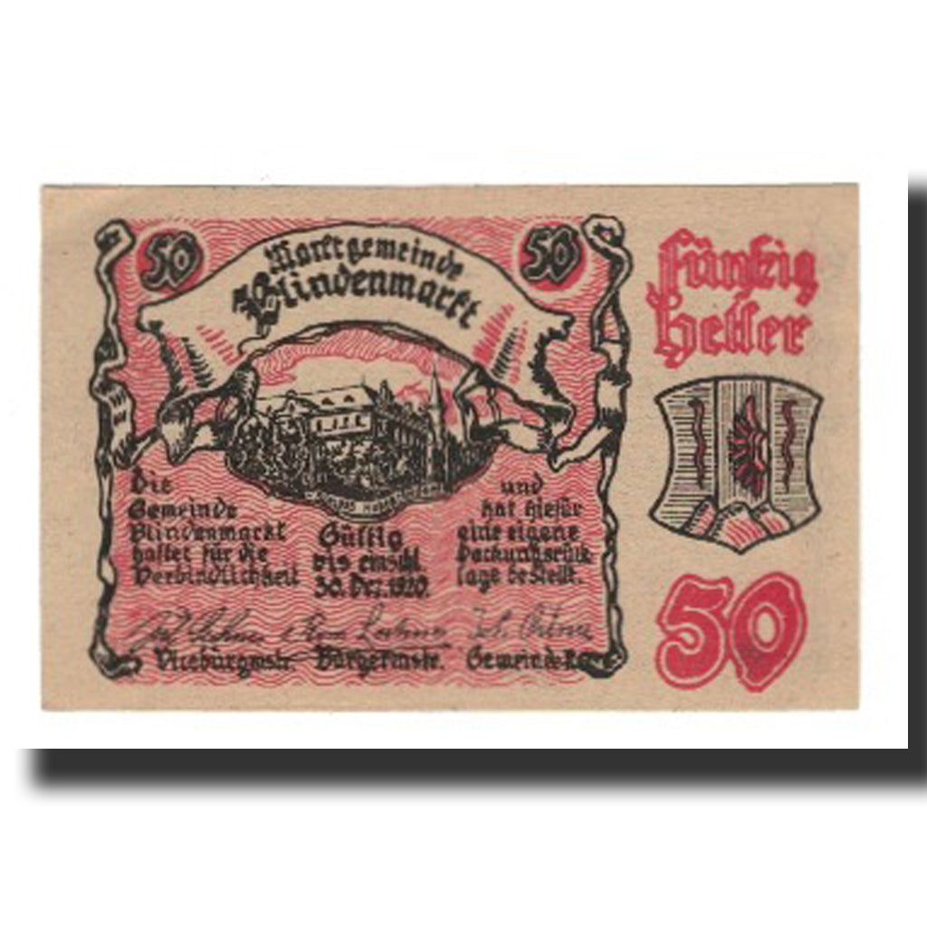Banknot, Austria, Blindenmarkt, 50 Heller, texte 1, 1920, 1920-09-30, AU(55-58)