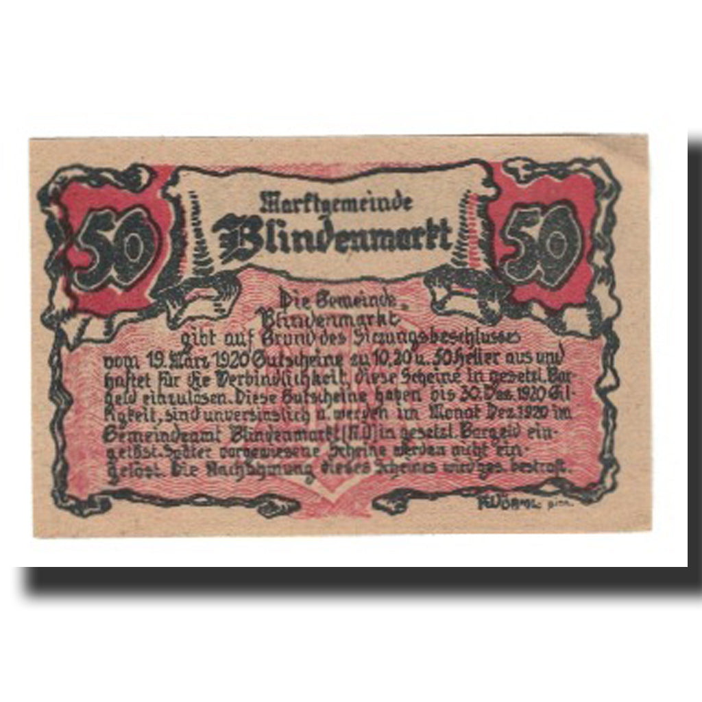 Banknot, Austria, Blindenmarkt, 50 Heller, texte 1, 1920, 1920-09-30, AU(55-58)