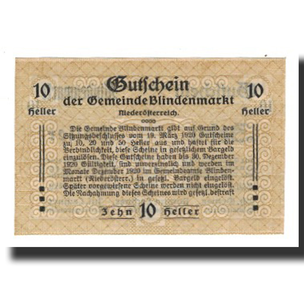 Banconote, Austria, Blindenmarkt, 10 Heller, Texte, 1920, 1920-09-30, SPL-