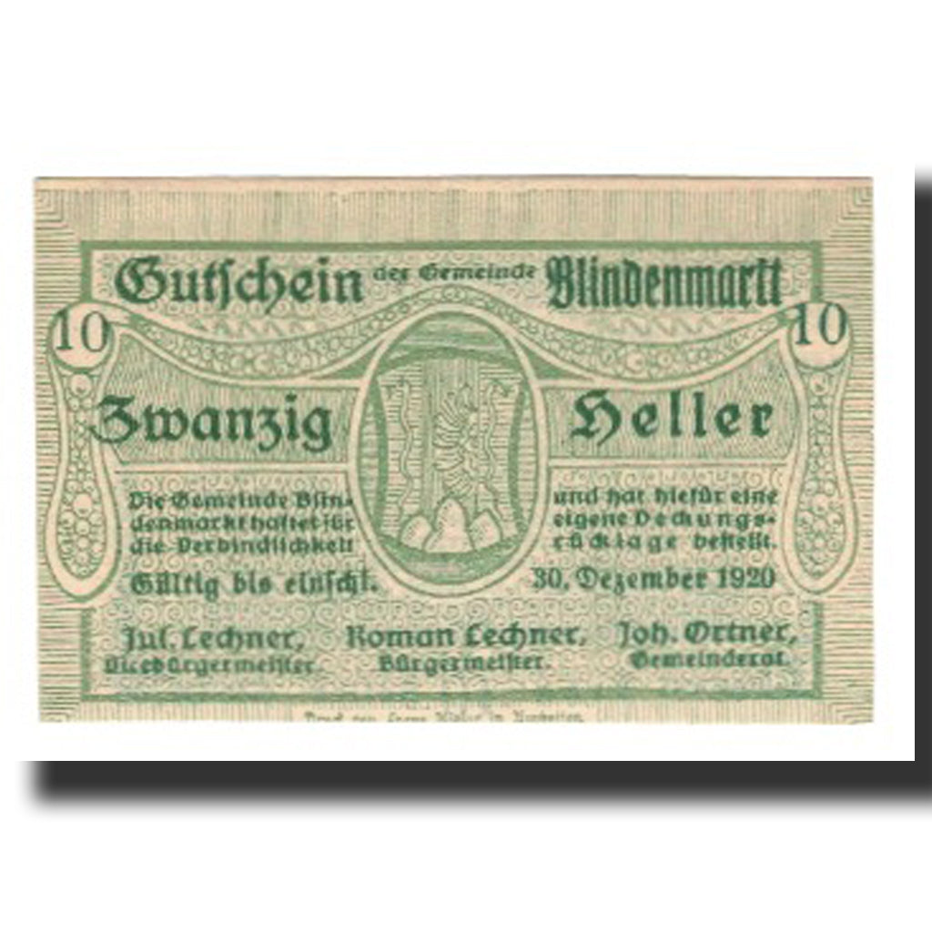 Banknot, Austria, Blindenmarkt, 10 Heller, texte 1, 1920, 1920-09-30, AU(55-58)