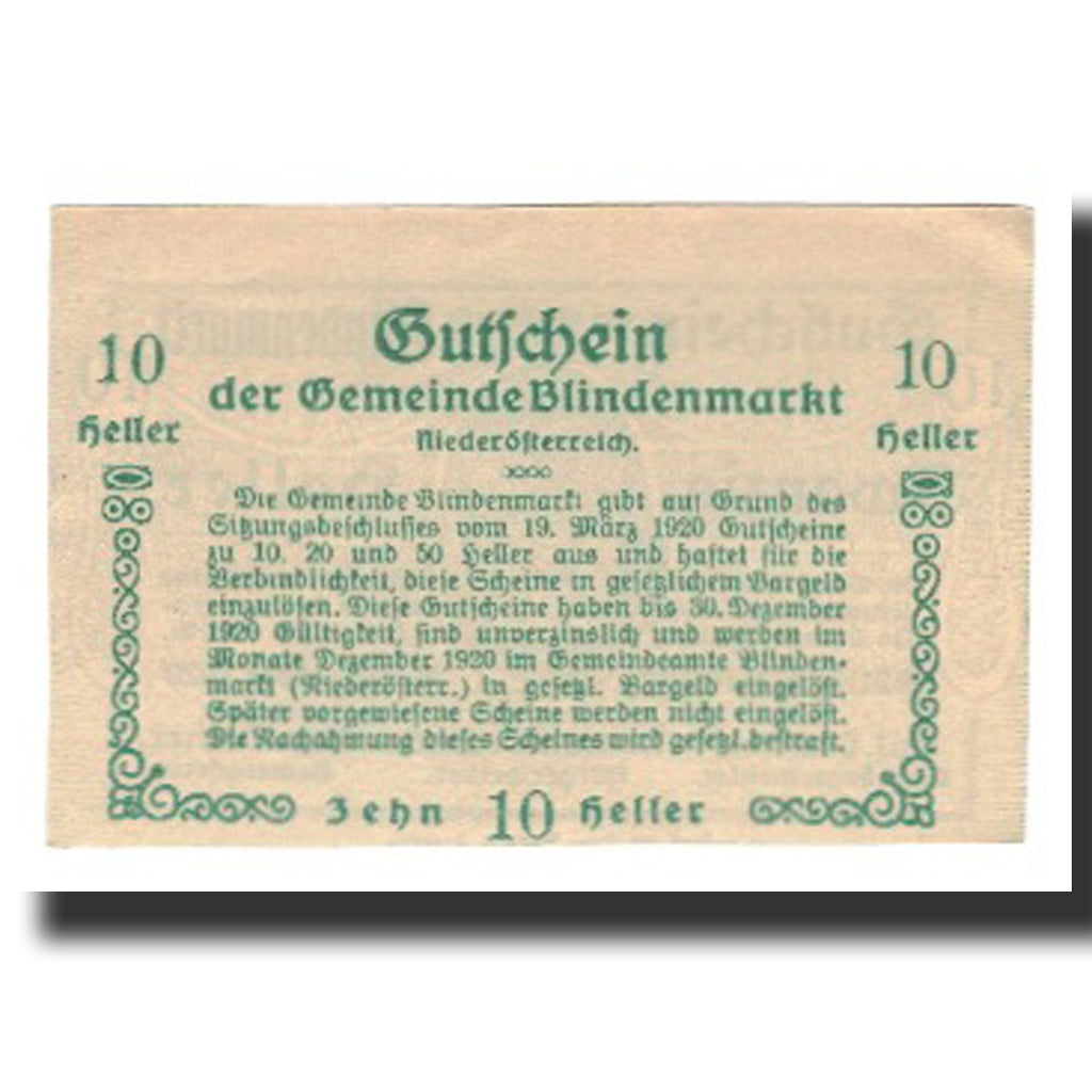 Banknot, Austria, Blindenmarkt, 10 Heller, texte 1, 1920, 1920-09-30, AU(55-58)