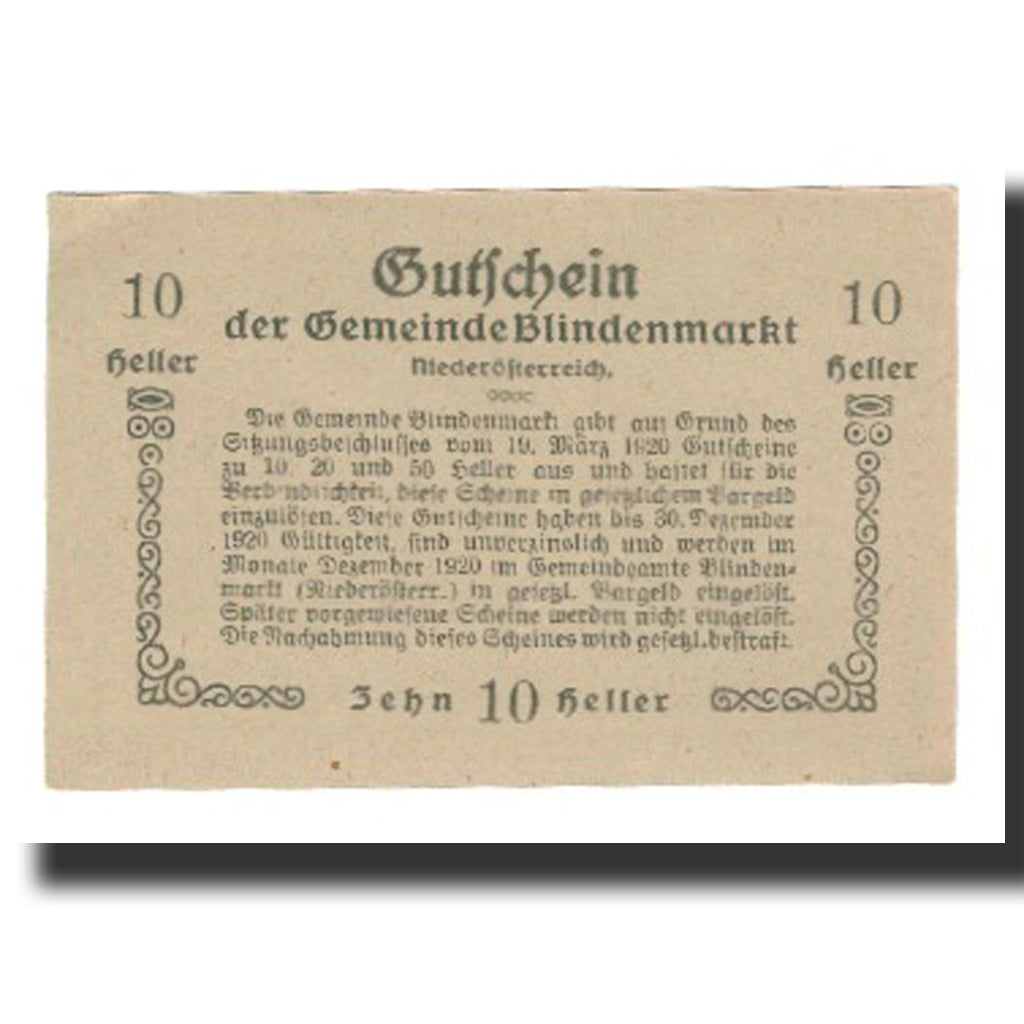 Banknot, Austria, Blindenmarkt, 10 Heller, Texte 2, 1920, 1920-09-30, AU(55-58)
