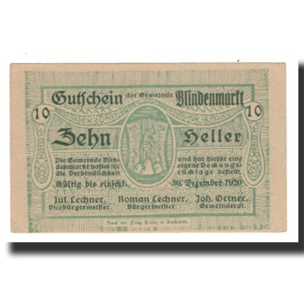 Biljet, Oostenrijk, Blindenmarkt, 10 Heller, Texte 3, 1920, 1920-09-30, SUP