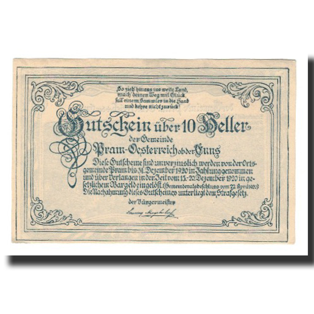 Banknot, Austria, Pram O.Ö. Gemeinde, 10 Heller, Texte, 1920, 1920-12-31